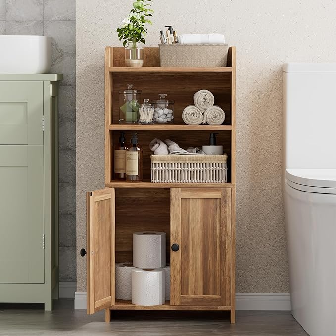 Homhedy Small Bathroom Storage Cabinet, Freestanding Toilet Paper Storage with 2 Doors and Shelves, Bathroom Organizers and Storage for Small Spaces, 7.9" D x 14.6" W x 31" H, Rustic Walnut