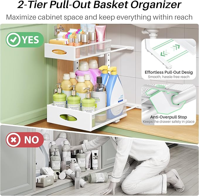 Under Sink Organizer, 1-Pack Pull Out Cabinet Organizer 2 Tier Metal Slide Out Storage Shelf Rack, L-Shaped Adjustable Height,Mesh Sliding Drawer for Kitchen, Bathroom, Laundry, Pantry, White, XL