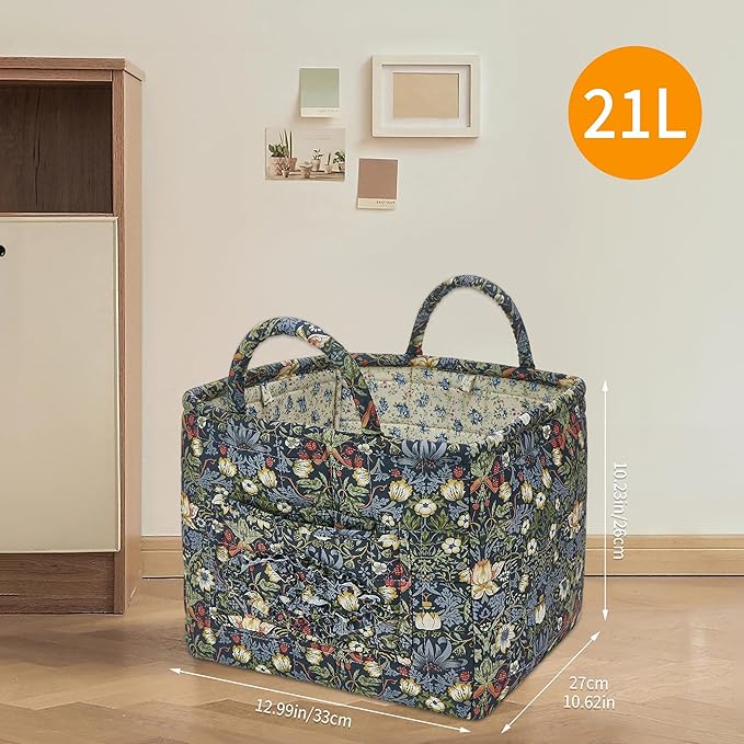 Quilted Fabric Storage Baskets with Handles, Boho Floral Gift Basket Foldable Organizer Bin for Home Decor, Picnic, Travel 12''x10''x10'' (Blue)