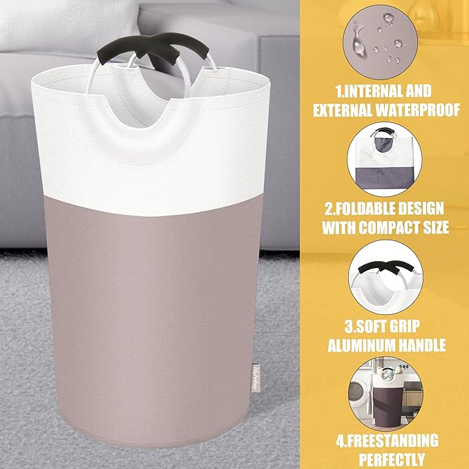 125L Laundry Basket, Collapsible Laundry Hamper with Padded Handles, Waterproof Laundry Bag, Tall Clothes Hamper Stand Up Well, Foldable Laundry Baskets for Easy Storage(Khaki)