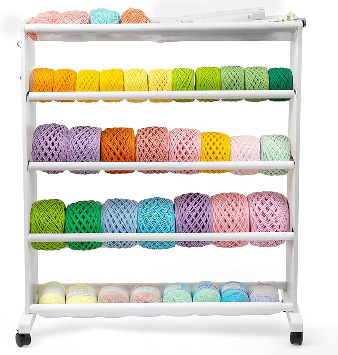 Yarn Storage Organizer, 5 Tier Wooden Cart for Yarn Cake Organize, Mobile Yarn Rack with 4 Rolling Wheels, Side Hooks & Pouch for Knitting Crochet Supplies, Ideal for Craft Room Organization(White)