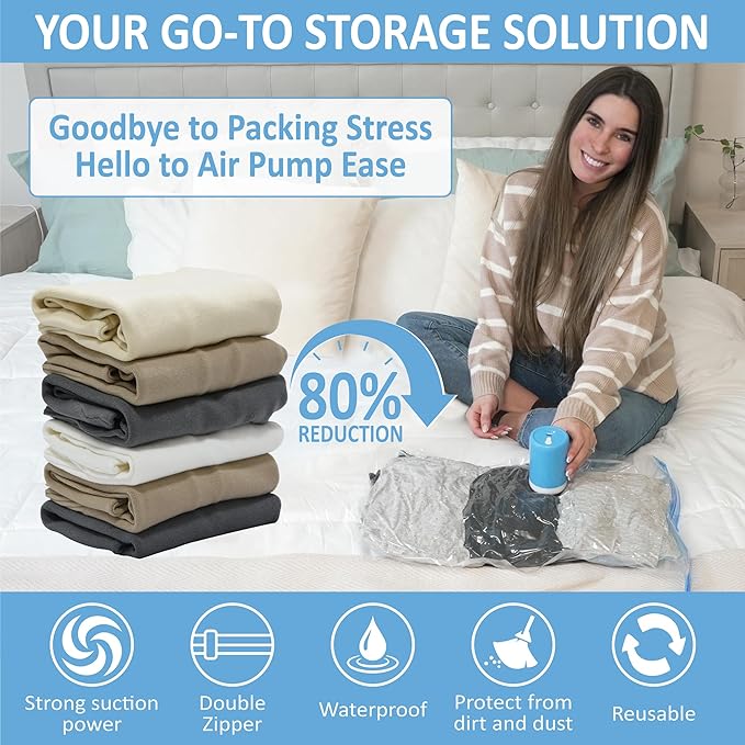 Cozy Essential 12 Pack Travel Vacuum Storage Bags with Rechargeable Wireless Electric Pump for Luggage, Suitcase, Carry-on Size Vacuum Seal Compression Space Saver Bags for Clothes and Clothing Travel