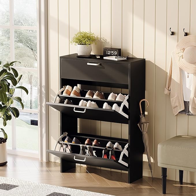 VINGLI Shoe Cabinet Storage for Entryway Ultra Slim with 2 Flip &1Drop-Down Drawers, 24.8" W Narrow Shoe Cabinet for Front Door Entrance,Freestanding Black Wood Shoes Organizer for Hallway