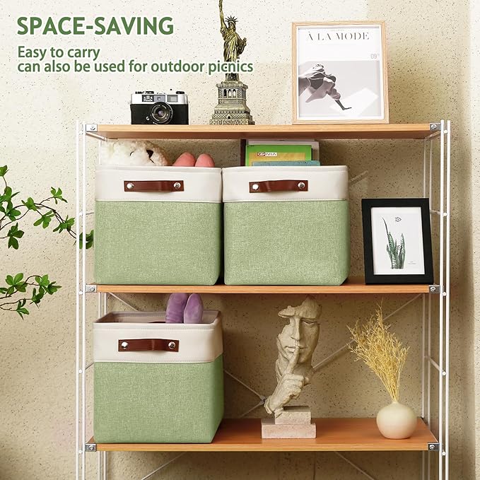13 Inch Cube Storage Bins,Set of 4, Foldable Storage Basket with PU Handles for Organizing Home, Closet, Laundry, Office, Organizers for Shelves(White/Green)