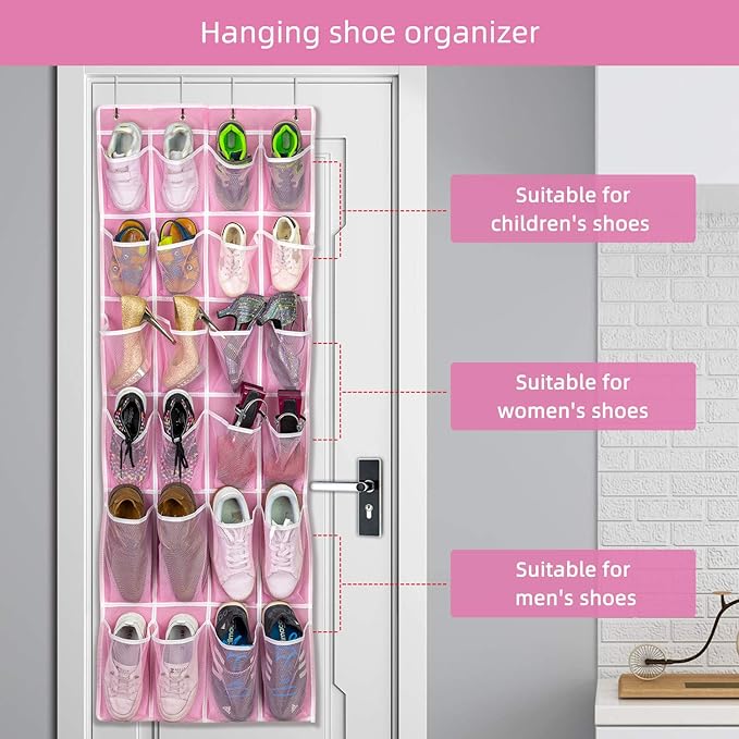 2 Pack Hanging Shoe Organizer，Over Door Shoe Organizer with 24 Mesh Large Pockets Shoe Storage Bag for Sport Shoes Size:58x21 Inch Hanging Door Shoe Rack Organizer (Pink-2pack)