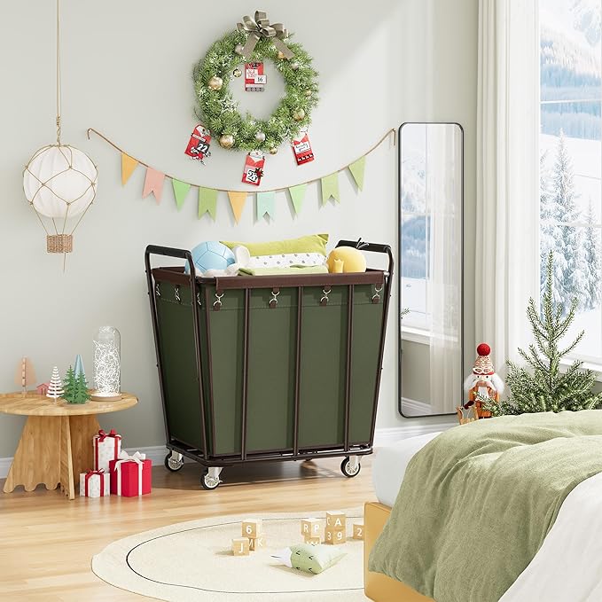 Hoctieon Large Laundry Cart with Wheels, 400L Heavy Duty Laundry Basket Organizer, Rolling Hamper Sorter for Clothes Storage, Industrial Dirty Clothes Hamper for Home & Hotel, Green+Brown