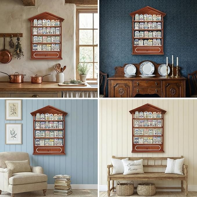 Chunful Vintage Spice Village Wooden Rack 22 x 17 x 4 Inches with 4 Shelves and Drawer for Wall Mounting Kitchen Storage Spice Village Display Shelf for 24 Jars, Shelf Only (Brown, Classic)