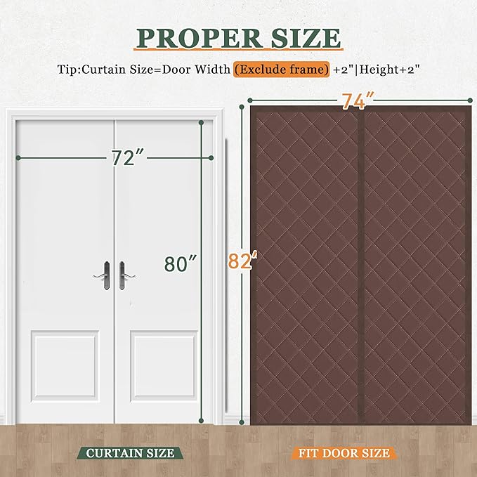 Magnetic Thermal Insulated Door Curtain, Fits 72'' x 80'' Doors(Curtain Size 74'' x 82''), Weatherproof Oxford with Cotton-Fill Insulation Door Cover for Winter, Keep Warm, Brown