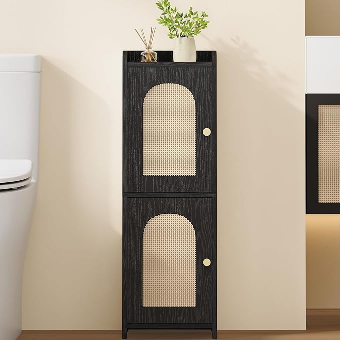 Bathroom Storage Cabinet, Small Corner Floor Cabinet with 2 Doors and Adjustable Shelf, Narrow Toilet Paper Cabinets, Bathroom Organizer for Small Spaces, 7.9" D x 9.8" W x 29.5" Rattan Black