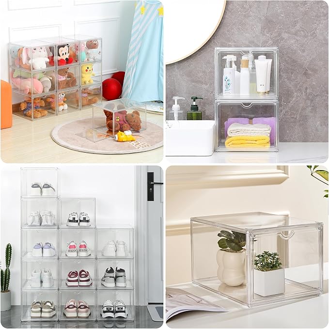 Clear Shoe Storage Boxes Stackable, Display Case With Magnetic Door, 4 Pack Acrylic, Plastic Shoe Boxes With Lids, Sneaker Storage