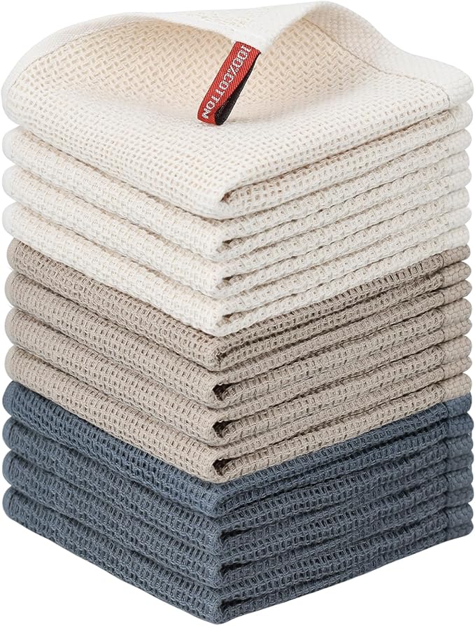 Nialnant 12 Pack Dish Cloths,100% Cotton Dish Towels for Washing Dishes,Soft and Absorbent Kitchen Cleaning Rags - 12x12 Inch