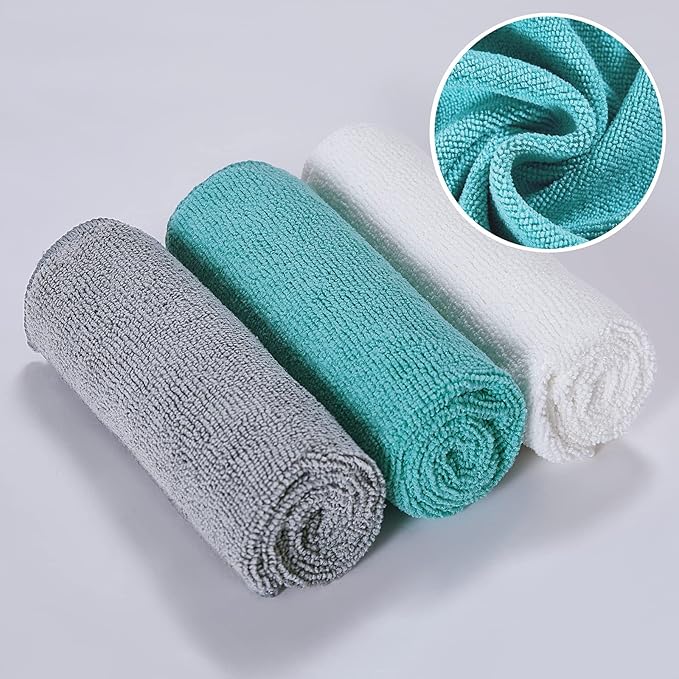 Microfiber Cleaning Cloths for Kitchen and Cars,Reusable and Washable,Pack of 24,Blue/White/Grey, 16" L x 12" W (24)