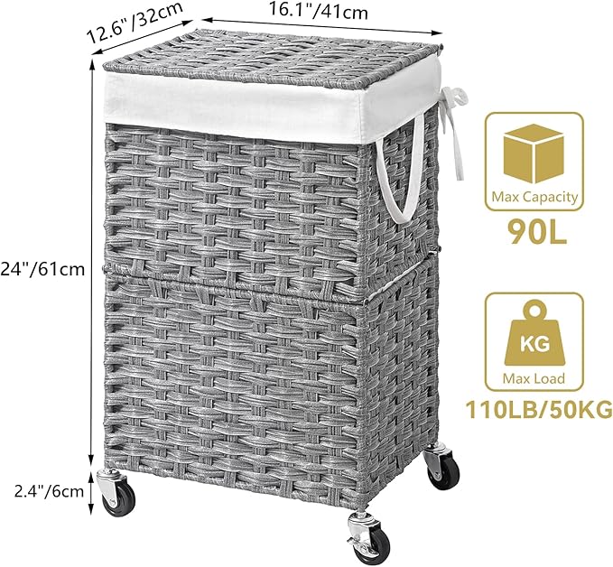 Chrislley 90L Slim Laundry Hamper with Wheels, Rolling Laundry Basket with Lid and Renovable Liner Bag, Handwoven Rattan Organizer for bedroom, bathroom, laundry room (Grey)