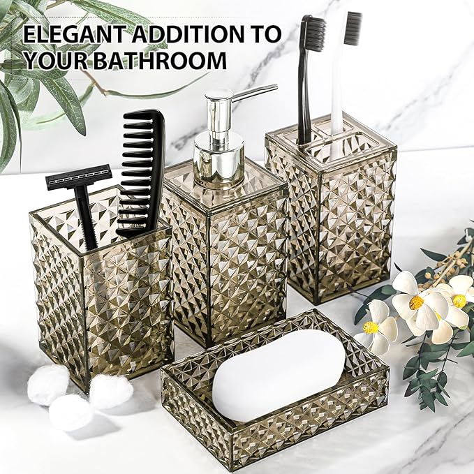 Brown Bathroom Accessories Set, 4 Pack Acrylic Bath Accessory Sets Complete, Diamond Soap Dispenser and Toothbrush Holder Bathroom Counter Sink Set, Boho Modern Bathroom Decor