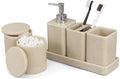 Bathroom Accessories Set, 6 Piece Bathroom Set with Toothbrush Holders, Soap Dispenser, Vanity Tray, Tumbler, Cotton Swab Jars, Bathroom Organizer，Bathroom Sink Sets, Stone Beige
