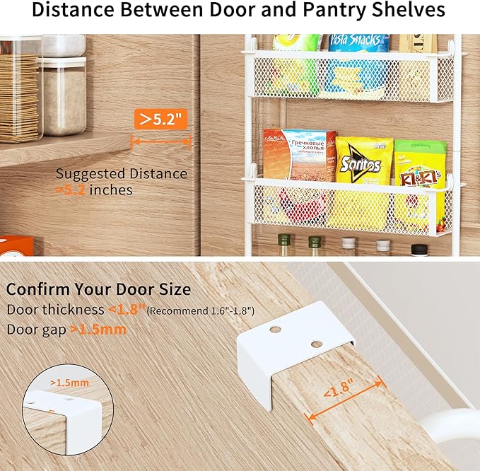 Over the Door Pantry Organizer, 6-Tier Pantry Door Organization and Storage, Over the Door Spice Rack, Home & Kitchen Storage Shelves for Cabinet, White