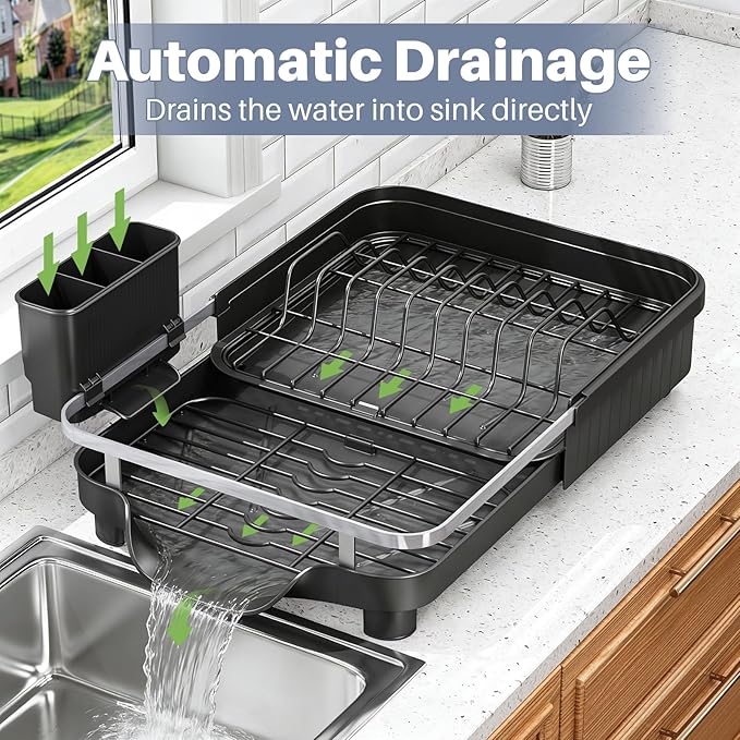 Dish Drying Rack – Expandable Dish Rack for Kitchen Counter, Stainless Steel Dish Drainer with Utensil Holder, Black