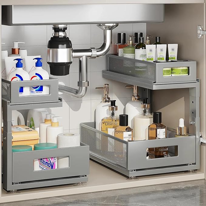 Corbyles 2 Pack 15.74IN-Depth Under Sink Organizer With Next-Gen Ball-Bearing Slides,2-Tier Pull Out Cabinet Storage,Height Adjustable Drawer Shelf for Bathroom,Kitchen,Laundry,Cabinet,Pantry-Gun Gray