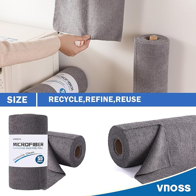 55 Pack Microfiber Cleaning Cloth Roll, Tear Away Reusable Towels, 11" X 9", Ultra Absorbent & Lint Free Cloth for Cars, Kitchen, Window, Home and Shop, Grey