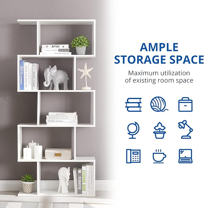 Cozy Castle Set of 2 Geometric Bookcase, S-Shaped Modern Bookshelf, Room Divider Bookshelf, 62" Tall Unique Abstract Bookcase with 5-Tier Display Shelf for Living Room Office, White