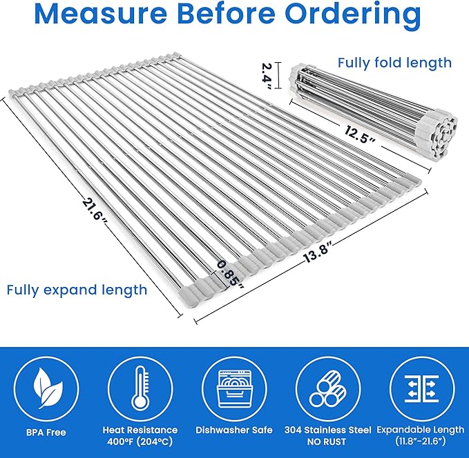 Roll Up Dish Drying Rack, Adjustable Over Sink Dish Drying Rack for Kitchen, 10"-20" Foldable Sink Rack to Dry Dishes & Drain Items, Stainless Steel Over Sink Cover Drying Mat