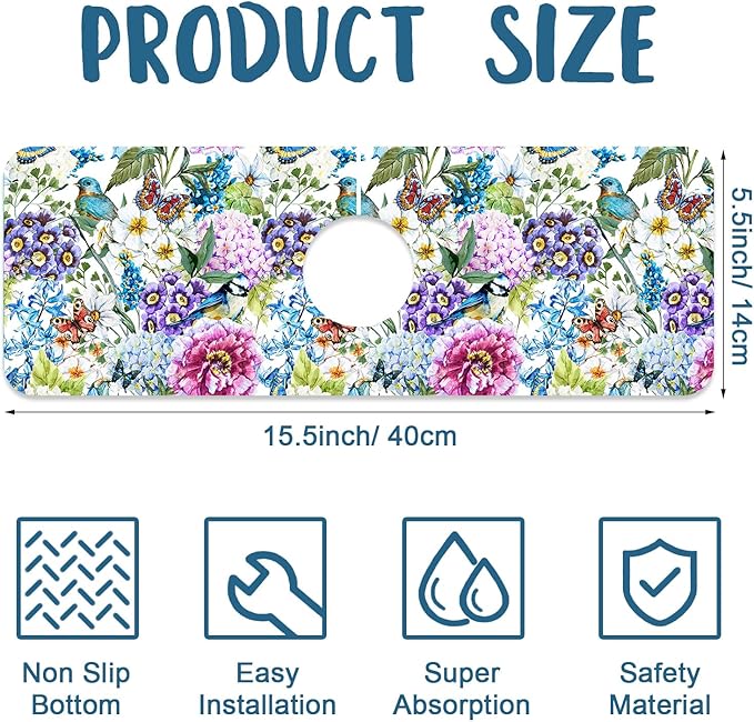 Beautiful Floral Kitchen Sink Splash Guard Faucet Mat Flower Bird Butterfly Super Absorbent Fast Drying Mat Sink Splash Guard Behind Faucet for Kitchen Bathroom, 15.5"x5.5"