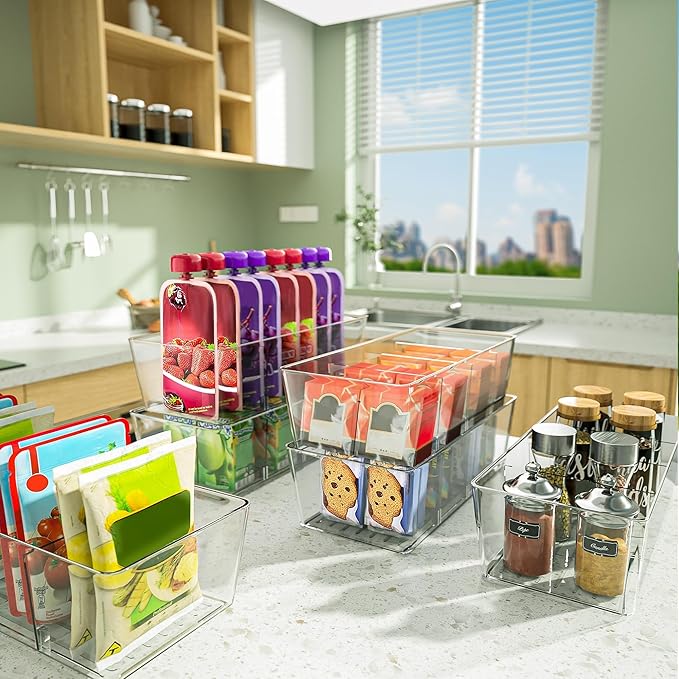BALEINE Clear Plastic Storage Bins with 3 Removable Dividers, Pantry Organization, BPA Free Stackable Refrigerator Organizers and Storage for Kitchen Fridge Cabinet Bathroom (10.5x6.1x3.5, 2PK)
