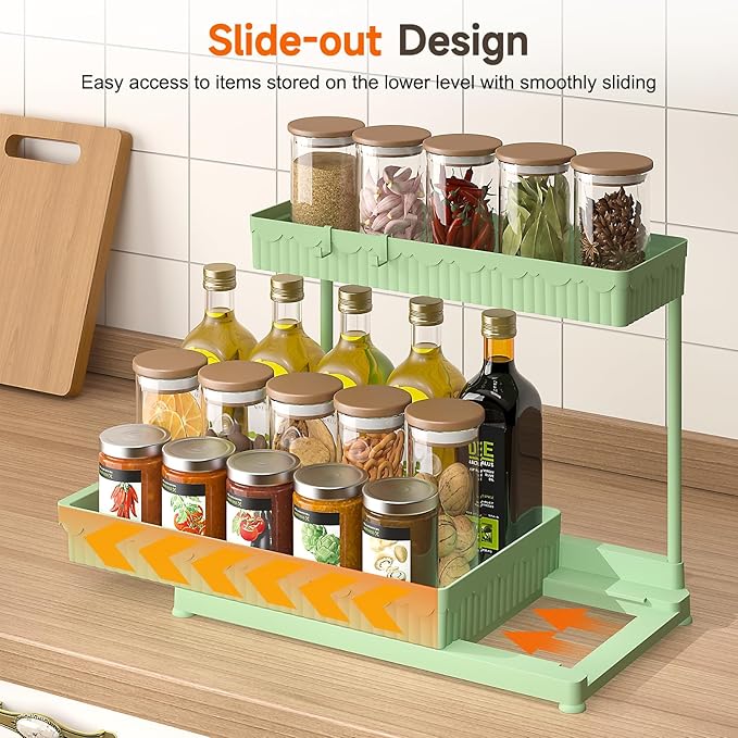 3 Pack Multi-Purpose Under Sink Organizers and Storage, 2026 L-Shaped Pull Out Cabinet Organizer for Bathroom & Kitchen, Under Cabinet Organizer with Hooks Hanging Cup, Green, 14.85 inch