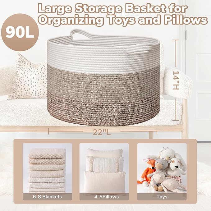 Goodpick Large Laundry Basket, Woven Rope Storage Basket for Blanket, Toy Bin for Baby Room, Nursery, Bedroom, Toys, 21.7'' x 13.8'', Light & Brown