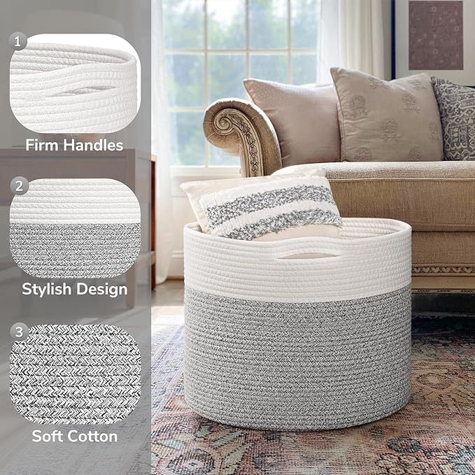 Goodpick Blanket Basket, 15.8"x15.8"x13.8" Woven Rope Basket for Blankets, Kids Toy Storage Organizer Bins, Toy Storage for Nursery, Light & Grey