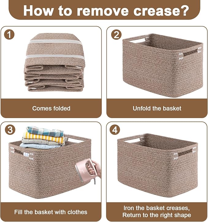 Storage Baskets for Organizing, Woven Decorative Baskets for Shelves - Books, Towels, and Clothes, Cotton Rope Toy Storage Bins, 12.7''Lx9''Wx7.8''H, Pack of 4, Linen Brown