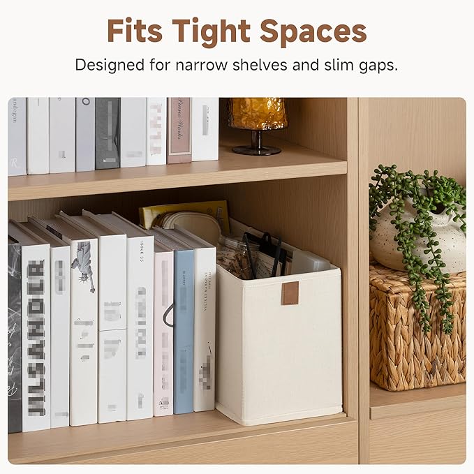 StorageWorks Thin Narrow Baskets for Storage, Small Storage Bins, Fabric Storage Bins with PU Handle, Ideal for Slim Shelves, Clothes, and Toys, Beige, 2-Pack