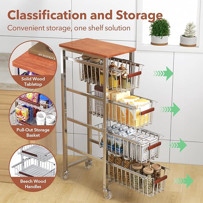 Ultra Slim 5-Tier Rolling Fruit & Vegetable Storage Cart with Removable Drawers, Narrow Metal Kitchen Organizer Cart on Wheels, Fruit Basket Stand & Fruteros para Cocina, Pantry Cart for Storage