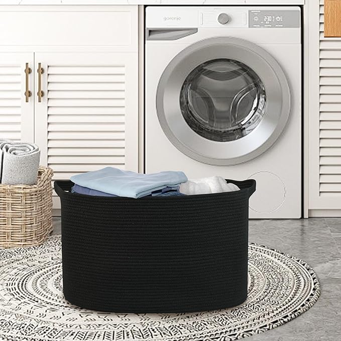 Extra Large Basket for Blankets, 23.6" x 17" x 12" Black Blanket Storage for Living Room, Big Cotton Rope Pillow Holder, Rectangle Kid Dog Toy Bin Box, Woven Laundry Basket, Shoe Bin Entryway