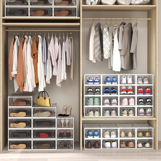 PARANTA 8-Piece Boot and 12-Piece Shoe Storage Box, Stackable Clear Plastic Shoe Box, Space-Saving Shoe Organizer for Boots, Sneakers, and High Heels, Clear