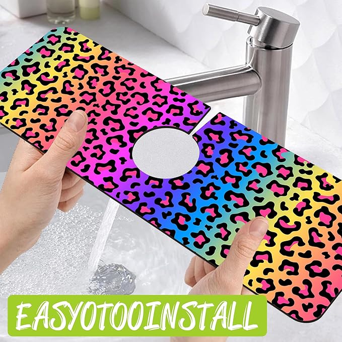 Sink Faucet Absorbing Mat Rainbow Colored Leopard Print Sink Splash Guard Drying Mat for Kitchen Bathroom Faucet Sinkmat 15.5"X5.5"