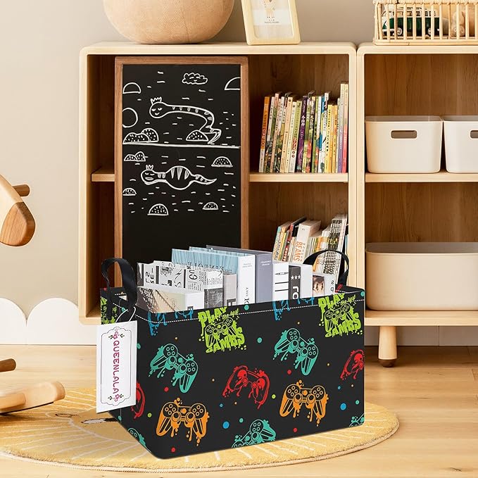 QUEENLALA Rectangular Laundry Hamper/Foldable Nursery Laundry Basket for Organizing/Storage Bin Baskets/Children Toy Office Bedroom/Toy Bin Closet Shelf Baskets (Rec-Black Game)