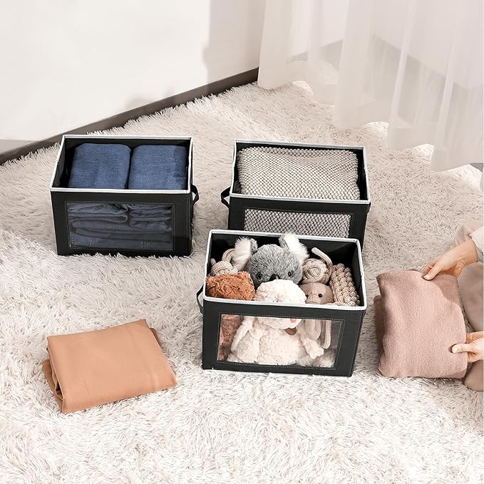 Stackable Storage Bins with Lids - Medium Storage Box with Lids, Foldable Closet Boxes for Organizing, Wardrobe Clothes Organizer with Window, Cubes Bins for Living Room, 5 Pack, Black