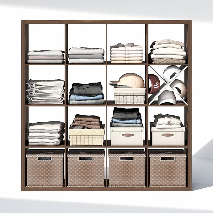 Furinno Cubic Closet Organizers and Storage, 16-Cube Closet Organizer, Open Shelf Closet Storage, Extra Thick Frame for Wardrobe, Bedroom, Living Room, Amber Pine