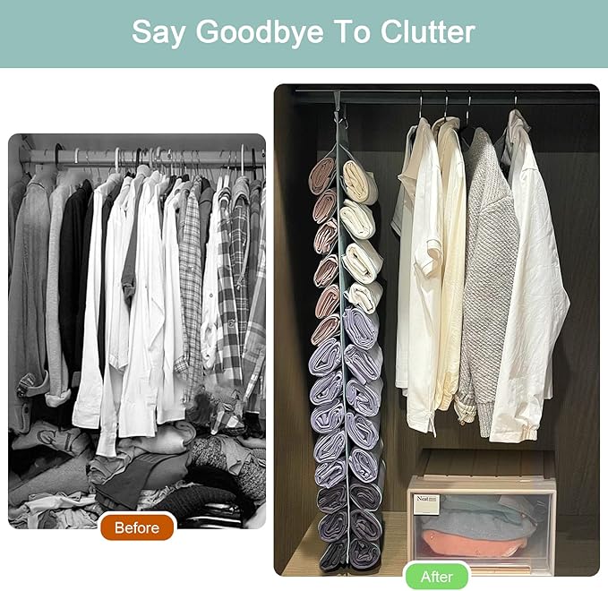 Legging Organizer Storage, T-Shirt Hanging Closet Hanging Clothes Organizer with 26 Roll Compartments for Yoga Pants, Tank Top, Towel, Underwear, Shirt (Grey)
