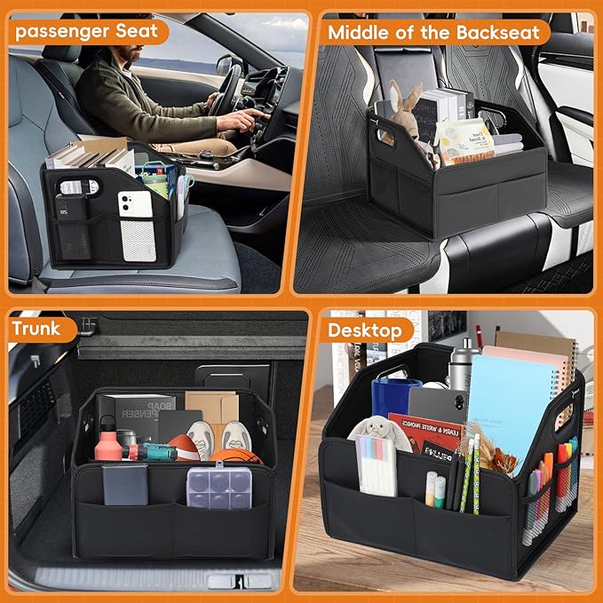 Car Storage Organizer Reinforced Dividable Leather Car Caddy Basket for Front Seat Floor Back Sturdy Frosted Handle 8 Compartments Adjustable Strap Buckles Slip-Resistant for SUV Truck