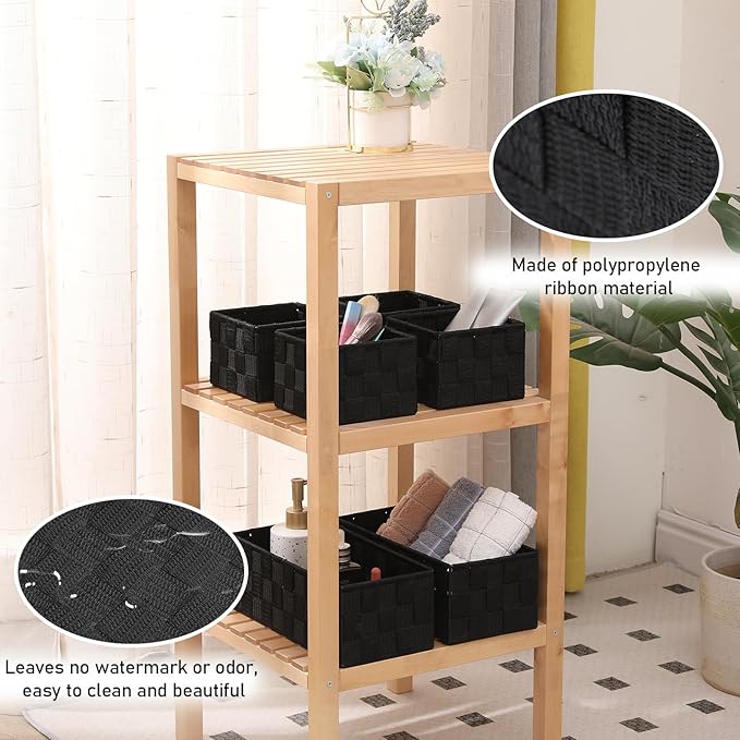 Woven Storage Bins with Lids, Set of 8, Polypropylene Storage Baskets with Metal Frame, Stackable Fabric Boxes for Drawers, Closet, Shelf, Nursery and Office, Black