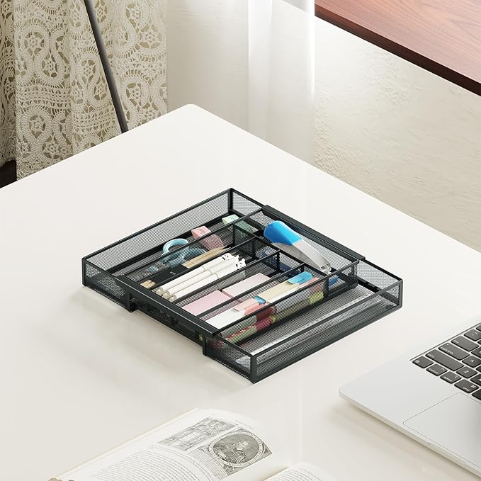 Silverware Organizer Metal Mesh, Drawer Organizer, Utensil Cutlery Tray for kitchen drawers,Expandable Flatware Organizer with 7 Compartment Black 9.6"~16.1" x 13.8"