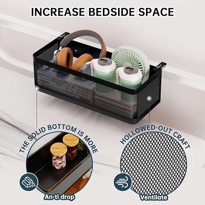 Bedside Caddy Shelf for Bunk Bed & Dorm, Adjustable Bunk Bed Caddy Holder for Top Bunk, Rails, Cribs, Bedside Shelf Organizer for Phone/Books/Drinks (White, L(L11in*W4.9in*H3.93in))
