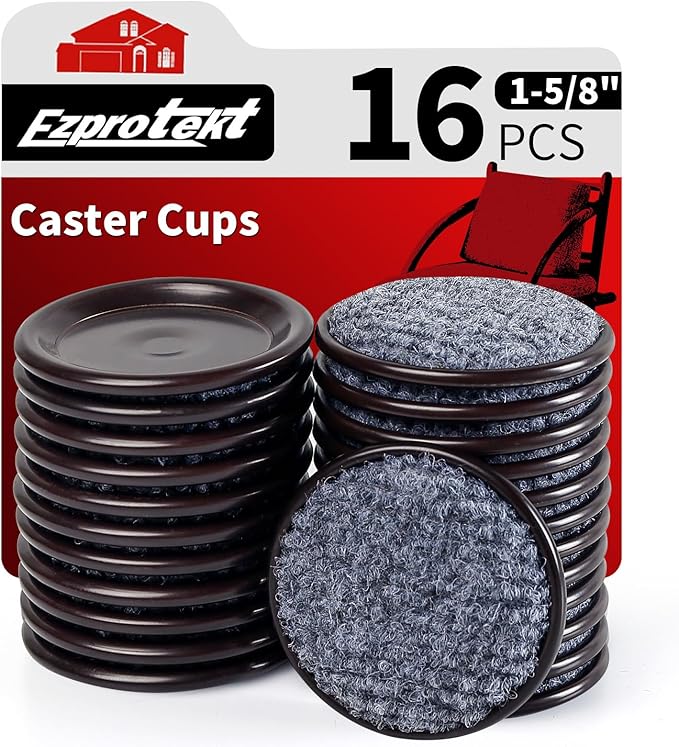 Ezprotekt 1 5/8" Round Carpet Bottom Furniture Caster Cups, 16 Pcs Reusable Furniture Coasters, Felt Furniture Sliders Pads to Protect Hardwood, Tile or Carpetd Floors from Scratches (Brown/Gray)