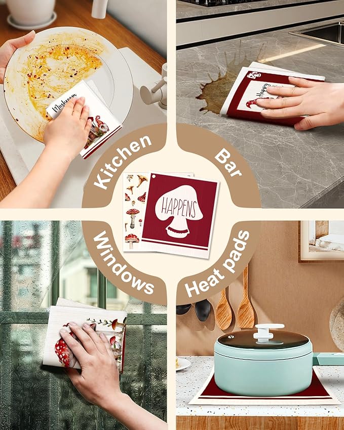 Kitchen Swedish Dishcloths with Hooks - 6 Pack Reusable Dish Cloths for Washing Dishes Fast Drying Cute Fun Swedish Dish Towels Washable Cleaning Sponge, Red Swamm
