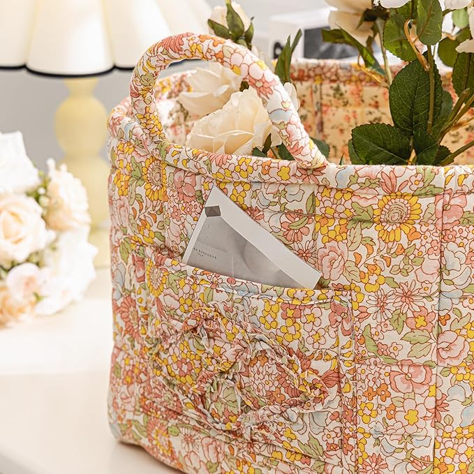 vctops Boho Cotton Quilted Storage Basket for Organizing, Basket Organizer Gift Baskets with Handles, Storage Bins for Toys, Books, Towels, and Clothes, Collapsible Fabric(Pattern F,13"x10.6"x10")
