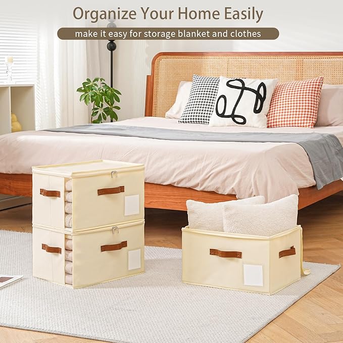 4 Pack Large Storage Bins with Lids,Foldable Closet Organizer with Clear Window,Collapsible Storage Cubes with Handle,Fabric Storage Containers for Organizing Blanket,Clothes,15.94x11.81x9.84 Inches