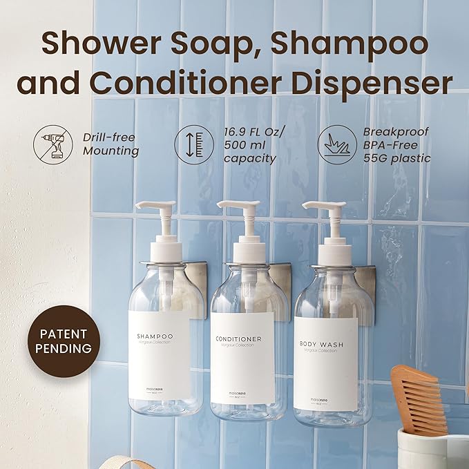 MaisoNovo Shampoo and Conditioner Dispenser - Shower Soap Dispenser Wall Mounted - 16.9 fl oz Set of 3 Clear Plastic Bottles White Pump - Shampoo Dispenser, Shower Dispenser 3 Chamber No Drill