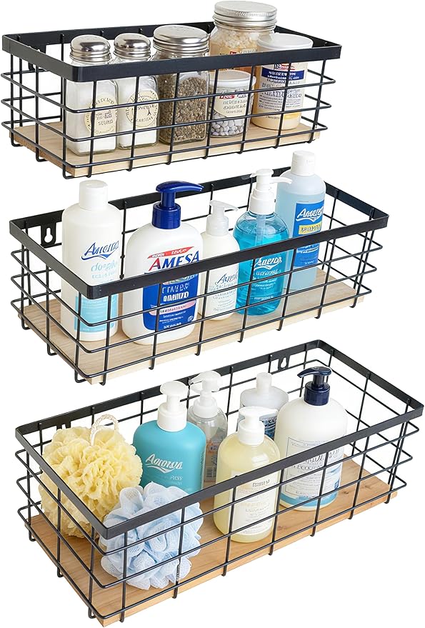 Metal Wire Basket Detachable Wood Base Storage Organizer Farmhouse Hanging Basket for Kitchen Cabinets, Bathroom, Pantry, Laundry Room Set of 3,Black Color
